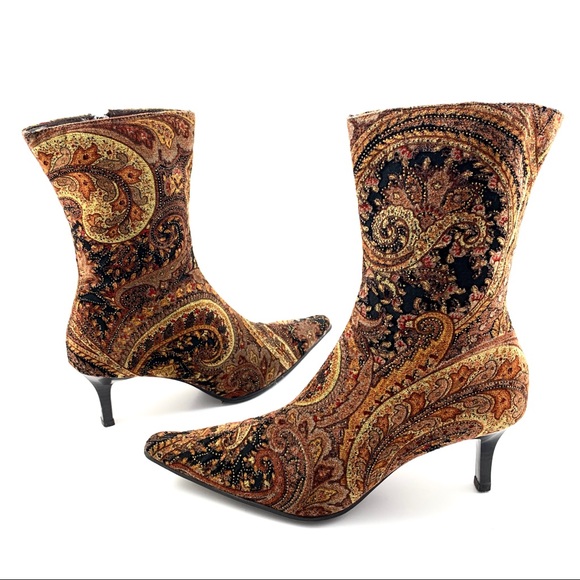 Vintage Shoes - VTG 90’s paisley tapestry pointed toe gold boots